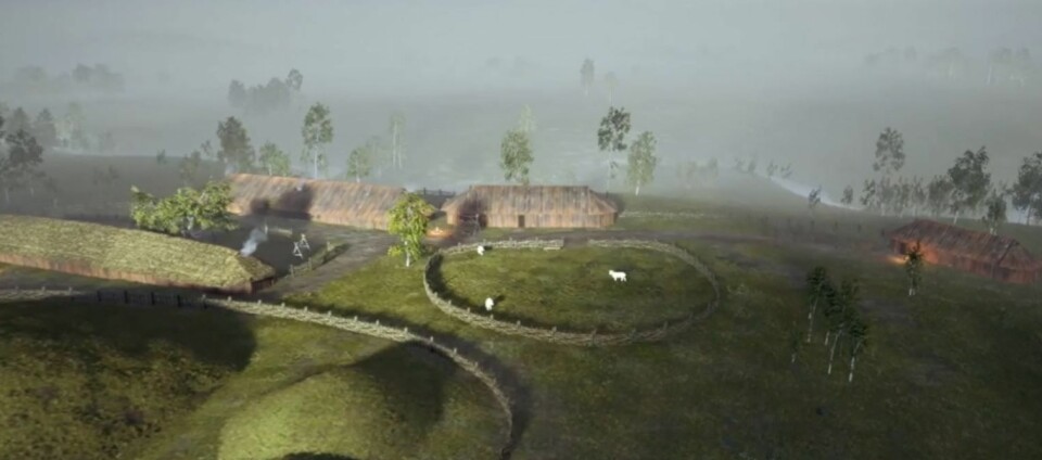 The Viking Age settlement near the Gjellestad mound, where archaeologists are currently carrying out an excavation of a Viking ship for the first time in 100 years in Norway. This image is a screenshot from the website gjellesadstory.no, which has tried to visualise what this place might have looked like some 1000 and something years ago.