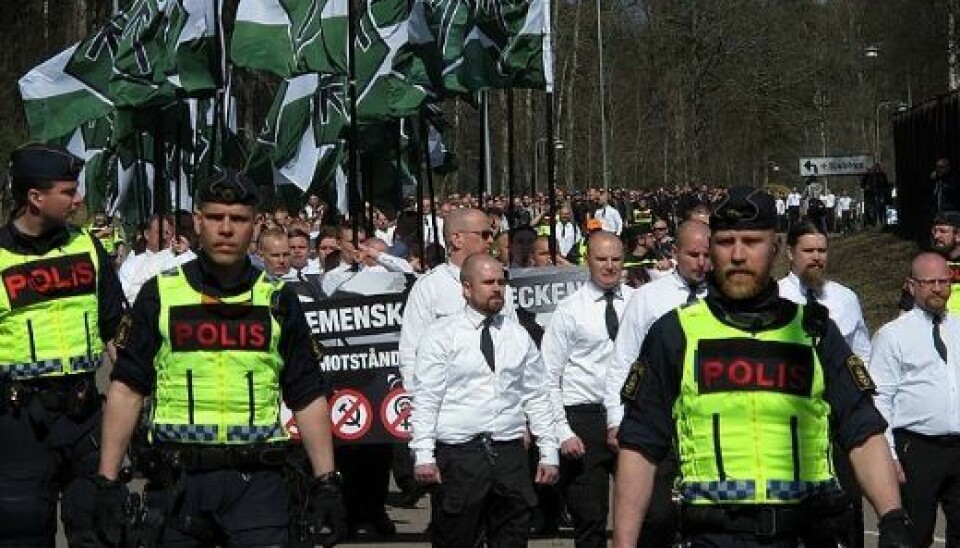 The NRM’s 1 May 2017 demonstration in Falun with the head of the Finnish chapter pictured on the far right.