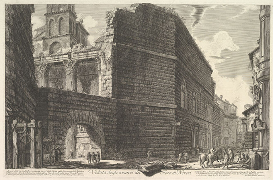 Emperor Augustus built a 30 meter high wall to protect his forum from fires. The view shows the rear of the wall, with the remains of the temple and forum beyond.