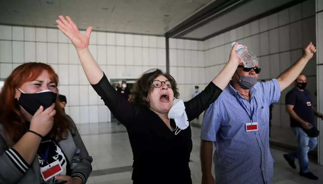 Magda Fyssa mother of anti-racist Greek rapper Pavlos Fyssas, who was killed in 2013 by Golden Dawn supporter Giorgos Roupakias, reacts after a trial of leaders and members of the far-right Golden Dawn party, in Athens, Greece, October 7, 2020.