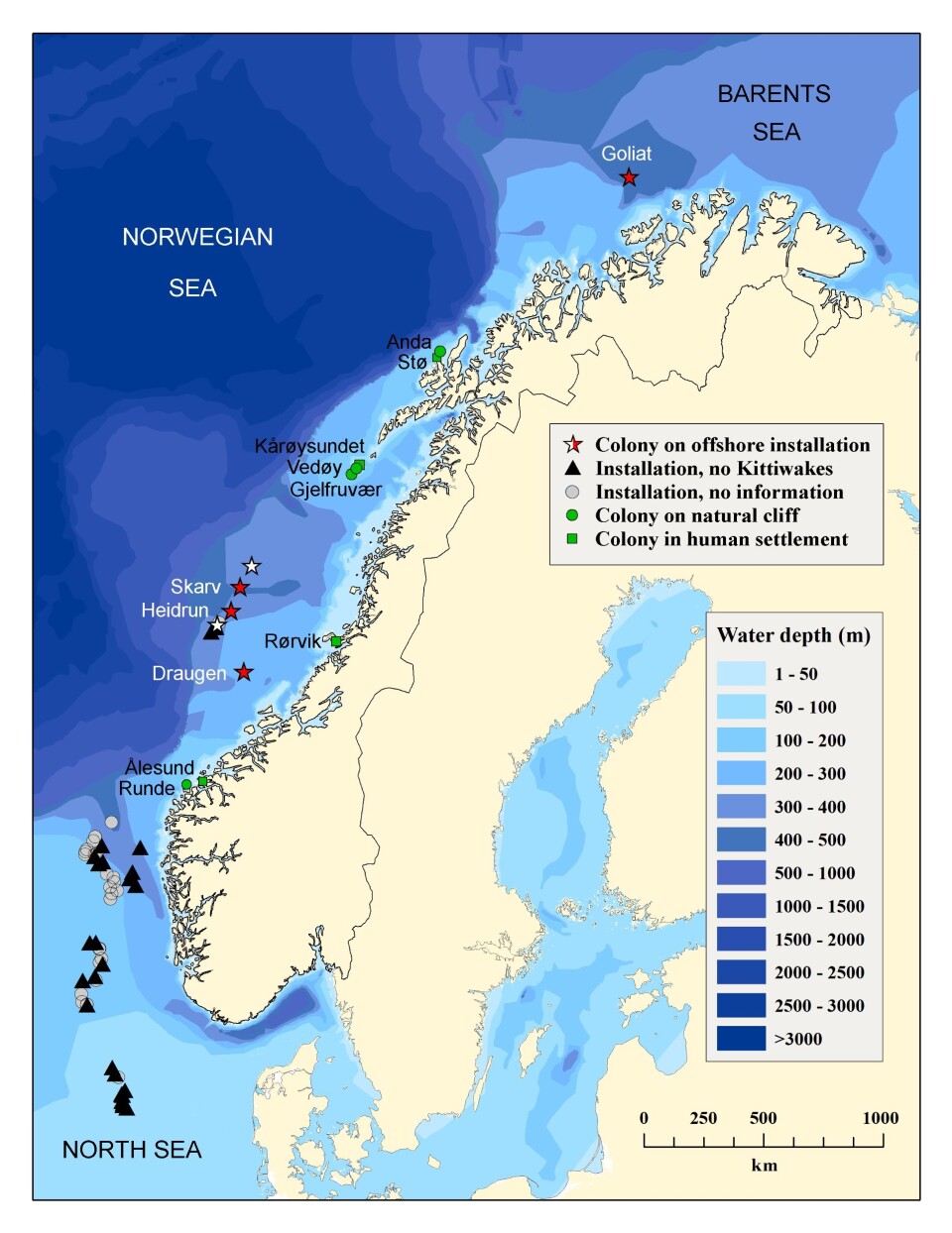 Map of the study colonies. Offshore oil rigs with breeding Black-legged Kittiwakes are shown with a star, those in red were included in the study of productivity.