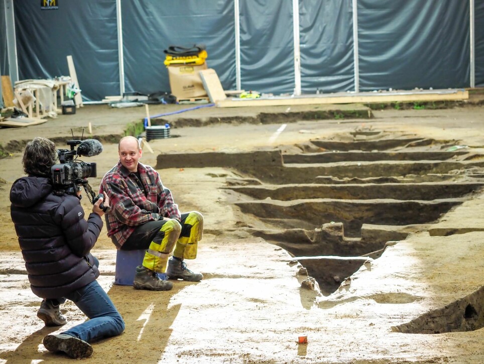 The Gjellestad Viking ship dig has been visited by numerous Norwegian and international media, politicians and Viking fans throughout the excavation. The Norwegian national broadcaster NRK even broadcast a live five day stream from the dig. Pictured here is Pierre Stine, director of a French documentary about the ship, interviewing Christian Løchsen Rødsrud, project manager for the entire excavation.