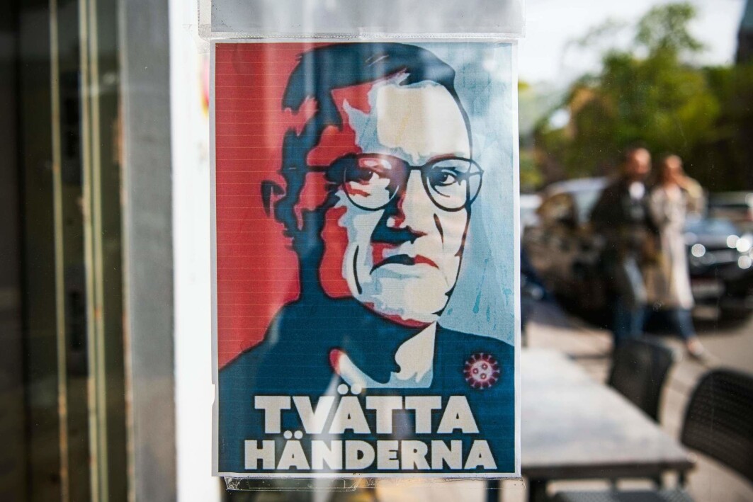 A poster of Anders Tegnell, mimicking the iconic Barack Obama HOPE-poster, with the words 'Wash your hands'. A poster of Anders Tegnell, mimicking the iconic Barack Obama HOPE-poster, with the words 'Wash your hands'.