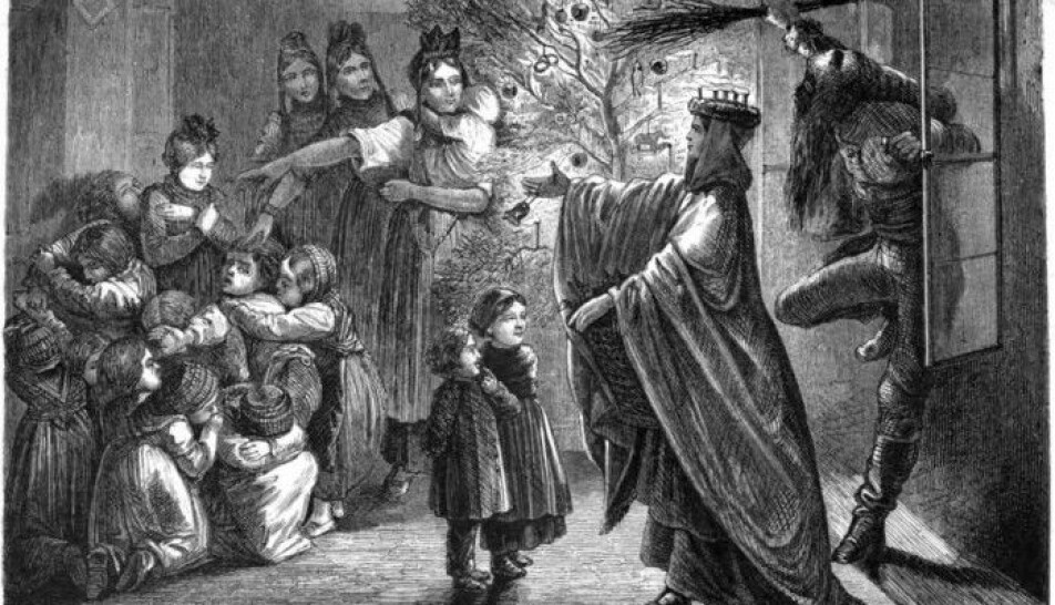An illustration showing Christkind and her scary helper, Hans Trapp, coming for a Christmas visit.