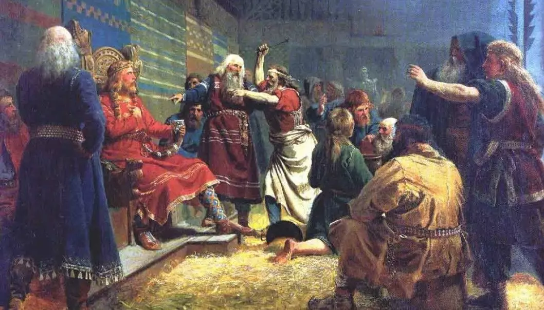 The painting depicts Håkon the Good being forced to drink from a drinking horn and eat horse liver at the Christmas fest in Mære.