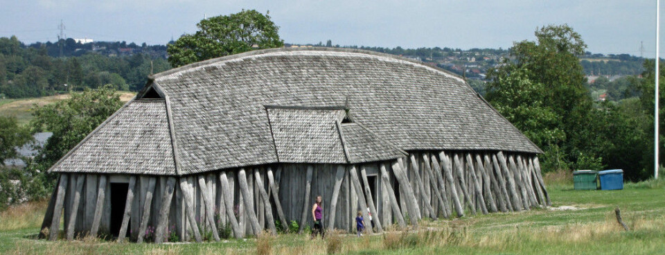 A reconstructed longhouse at the Viking castle Fyrkat in Denmark.