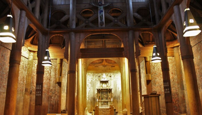 This is the interior of Heddal Stave Church today. In the renovation done in the 1950s, they tried to recreate the medieval look as much as possible. This is the interior of Heddal Stave Church today. In the renovation done in the 1950s, they tried to recreate the medieval look as much as possible.
