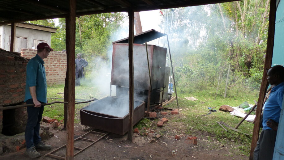 Testing one of the kilns for biomass feedstock carbonization.