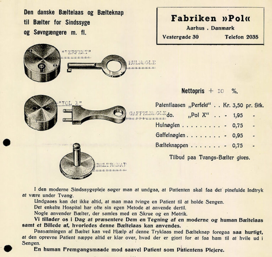 The Pol factory’s ad for lock buttons designed to fit “belts for the mentally insane.”