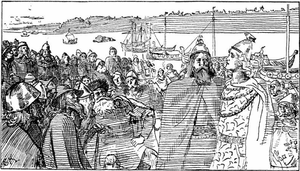 Aina Margrethe Heen Pettersen has studied the various roles and identities that emerged with the Viking raids in Ireland and England. The illustration ‘Håkon taler på tinget til trønderne’ (Hakon speaks to the people of Trondheim at the Thing’) is a drawing by the Norwegian artist Christian Krogh made as an illustration for Saga of Hákon góði (‘the Good’) in the 1899 edition of Snorri’s Heimskringla.