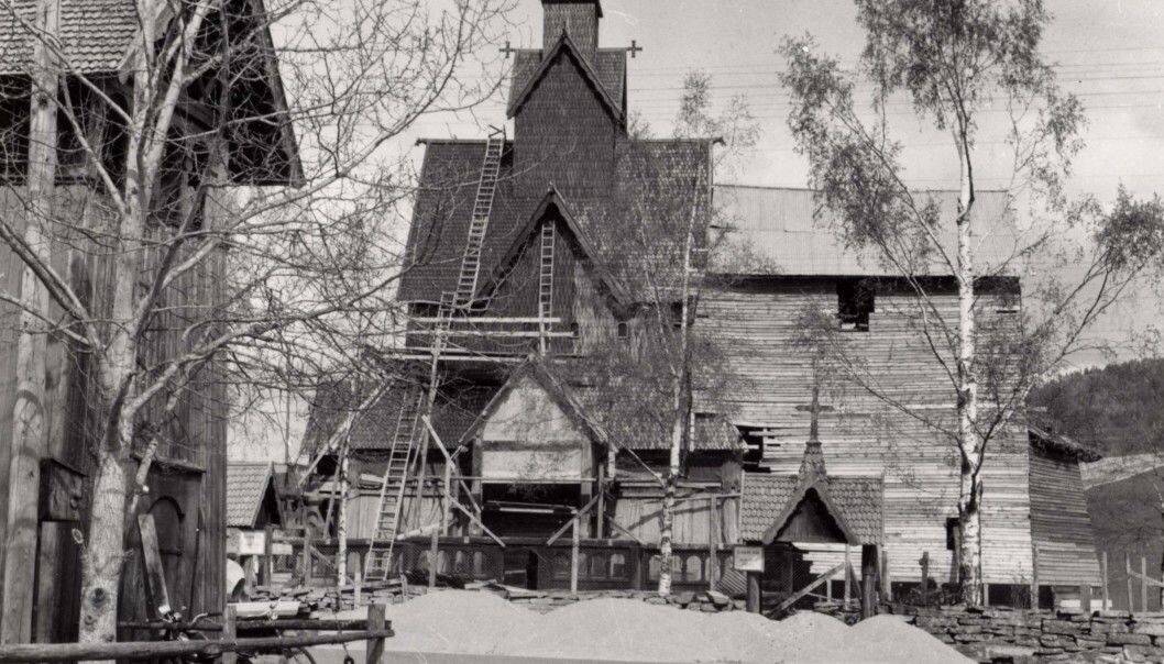 Heddal Stave Church during the restoration in the 1950s. Heddal Stave Church during the restoration in the 1950s.