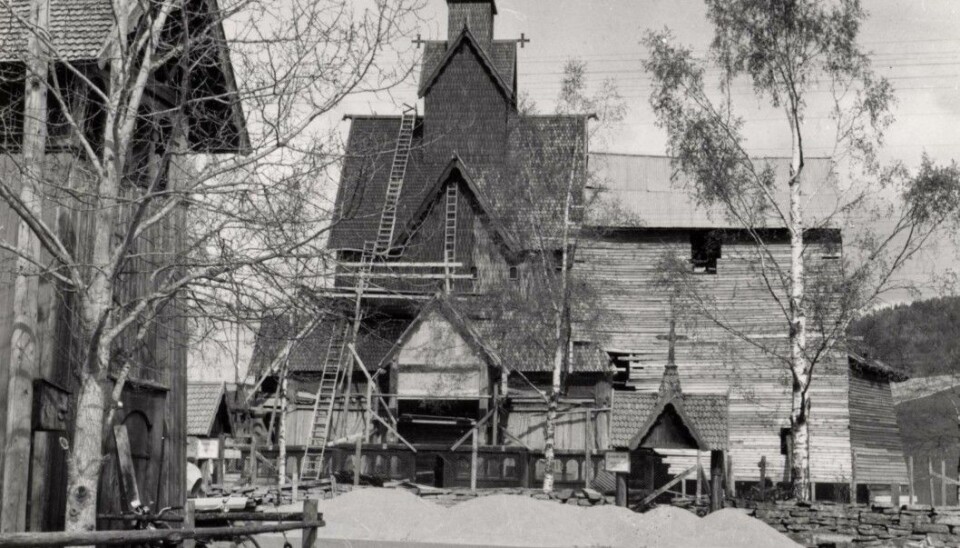 Heddal Stave Church during the restoration in the 1950s.