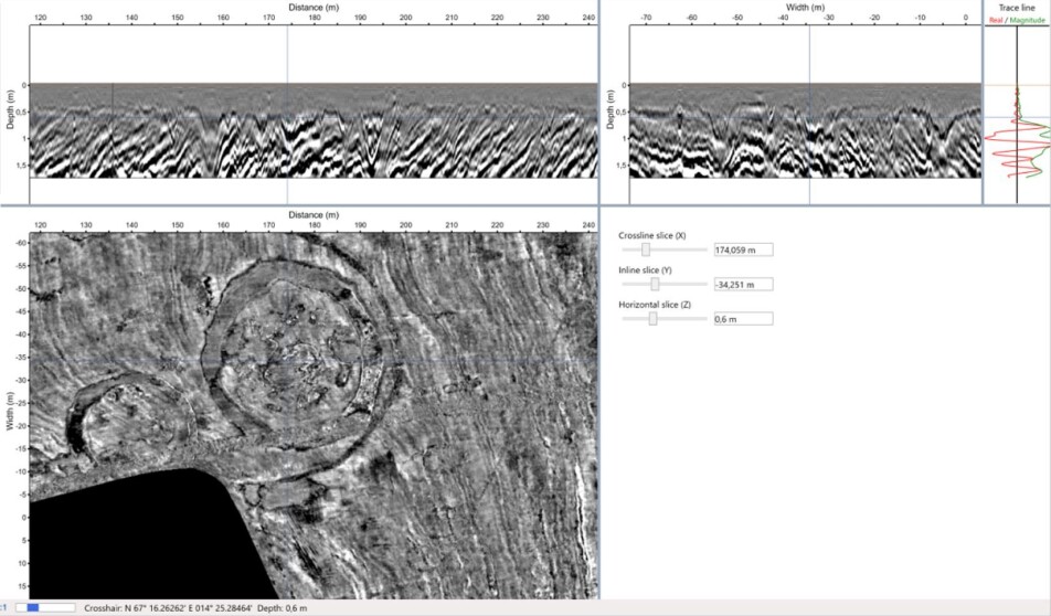 The findings included traces of 15 burial mounds. The size and design of the burial mounds are typical of the period 650 to 950 CE. Click on the image for a close-up view.