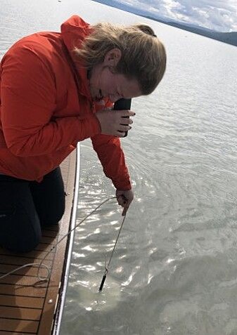 NIVA researcher Helene Frigstad uses a white Secchi disk attached to a rope to measure how dark the water along the coast is. NIVA researcher Helene Frigstad uses a white Secchi disk attached to a rope to measure how dark the water along the coast is.