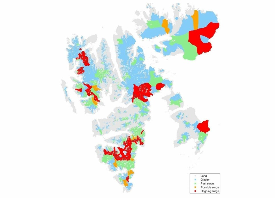 The red areas show Svalbard glaciers that are now undergoing a glacier phenomenon called a surge.