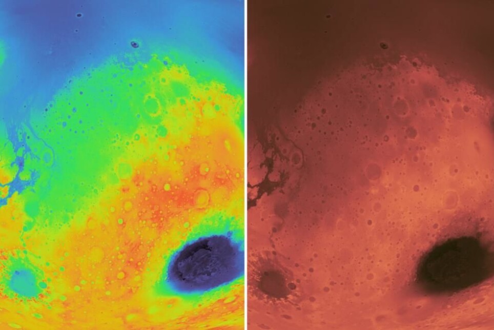 The topography of Mars. To the left using a rainbow colour map, to the right a scientific colour map.
