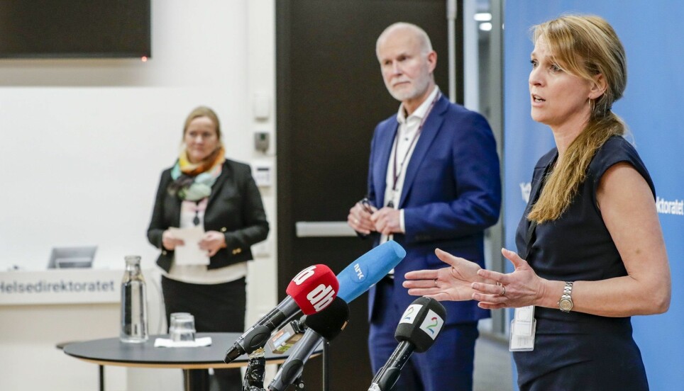 Department director Line Vold at the Norwegian Institute of Public Health and Bjørn Guldvog, Director General of Norwegian Directorate of Health, address the Norwegian public at a press conference, after an outbreak of the British mutation of the coronavirus was discovered in Nordre Follo municipality, outside of Oslo.