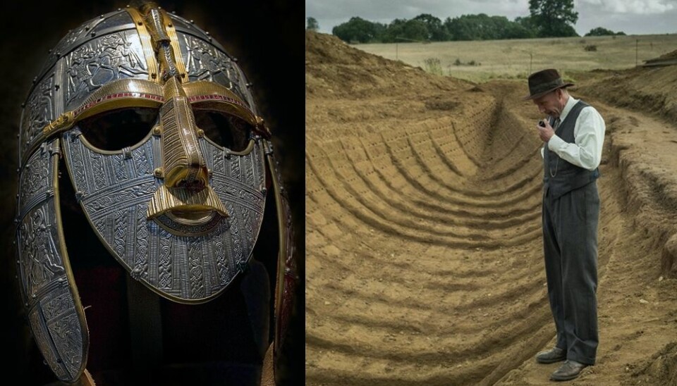 A copy of the Sutton Hoo helmet and a scene from the Netflix film “The Dig” with actor Ralph Fiennes in the main role as the local amateur archaeologist Basil Brown, during the 1939 excavation.