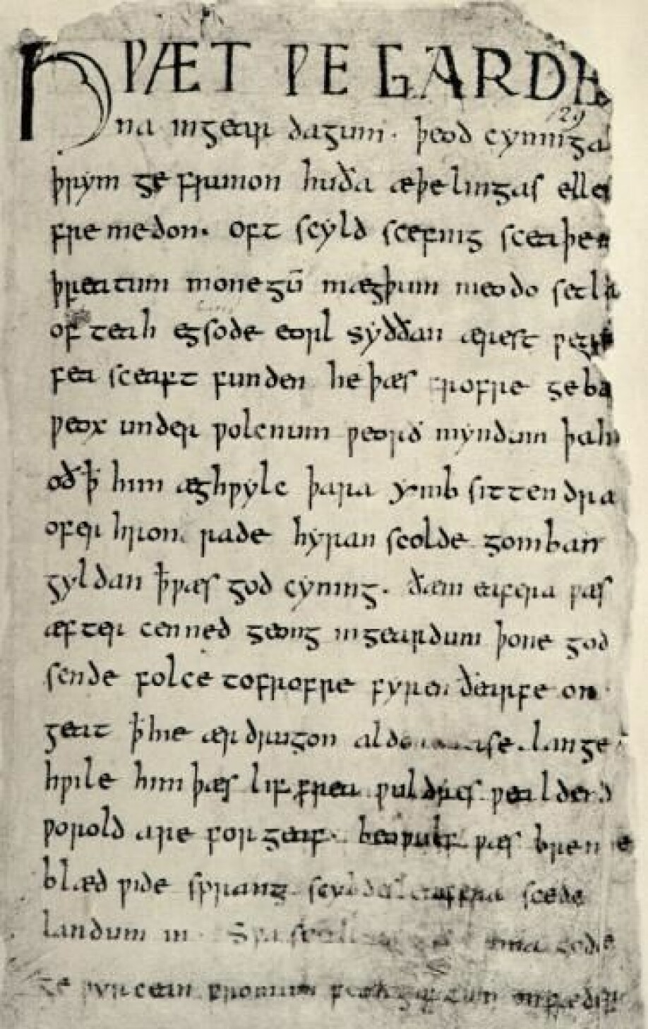 Here is the first page of the copy of Beowulf from the 1000s. This edition was probably written down at the court of Knut the Mighty (Knut the Great), King of Denmark and England. He was also Norway's overlord from 1028 to 1035.