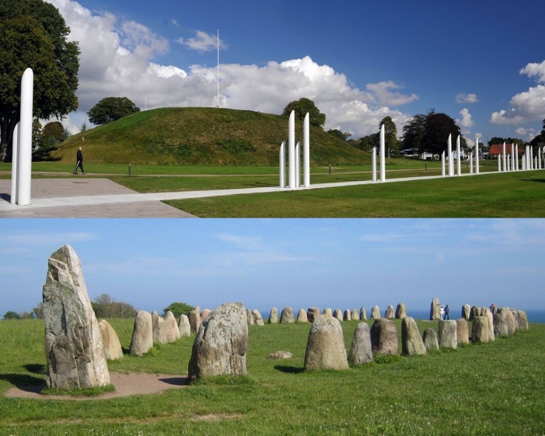 Ship settings or stone ships are known from Denmark, Sweden and Norway, dating from the Iron Age and the Viking Age. The ship-shaped burial mound in Jelling in Denmark (top) may have been 355 meters long. It is by far the largest in the world and is now on the UNESCO World Heritage List. Ale's stones in Scania in southern Sweden (bottom) are another well-known ship setting. There are also two such ship settings in Norway, in Istrehågan outside Sandefjord, but these are smaller. Ship settings or stone ships are known from Denmark, Sweden and Norway, dating from the Iron Age and the Viking Age. The ship-shaped burial mound in Jelling in Denmark (top) may have been 355 meters long. It is by far the largest in the world and is now on the UNESCO World Heritage List. Ale's stones in Scania in southern Sweden (bottom) are another well-known ship setting. There are also two such ship settings in Norway, in Istrehågan outside Sandefjord, but these are smaller.