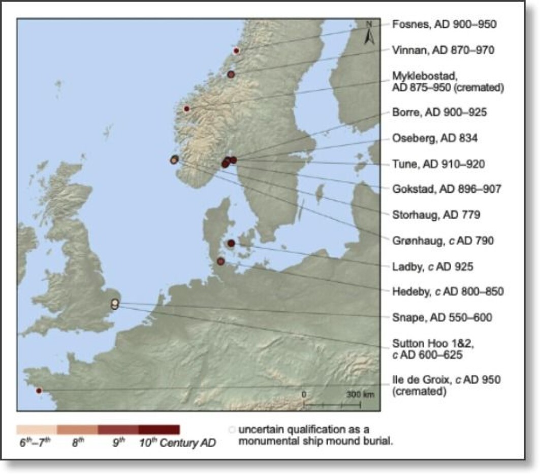 The map shows ships that are known to have been buried in monumental mounds. Most are in Norway. The newly discovered Gjellestad ship in Østfold is not on the map. There are probably more undiscovered ships. The map shows ships that are known to have been buried in monumental mounds. Most are in Norway. The newly discovered Gjellestad ship in Østfold is not on the map. There are probably more undiscovered ships.
