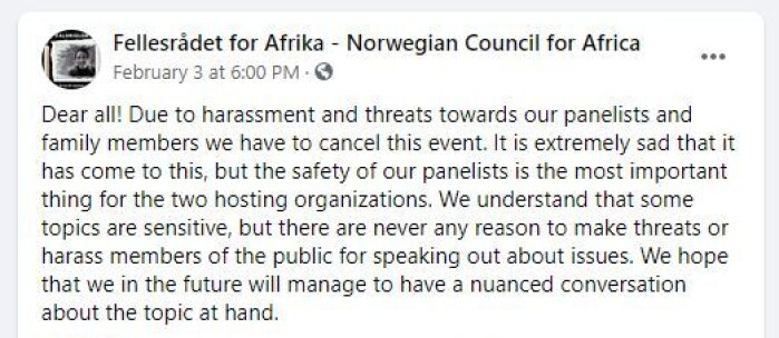 (Screen shot from Facebook-event by the Norwegian Council for Africa) (Screen shot from Facebook-event by the Norwegian Council for Africa)