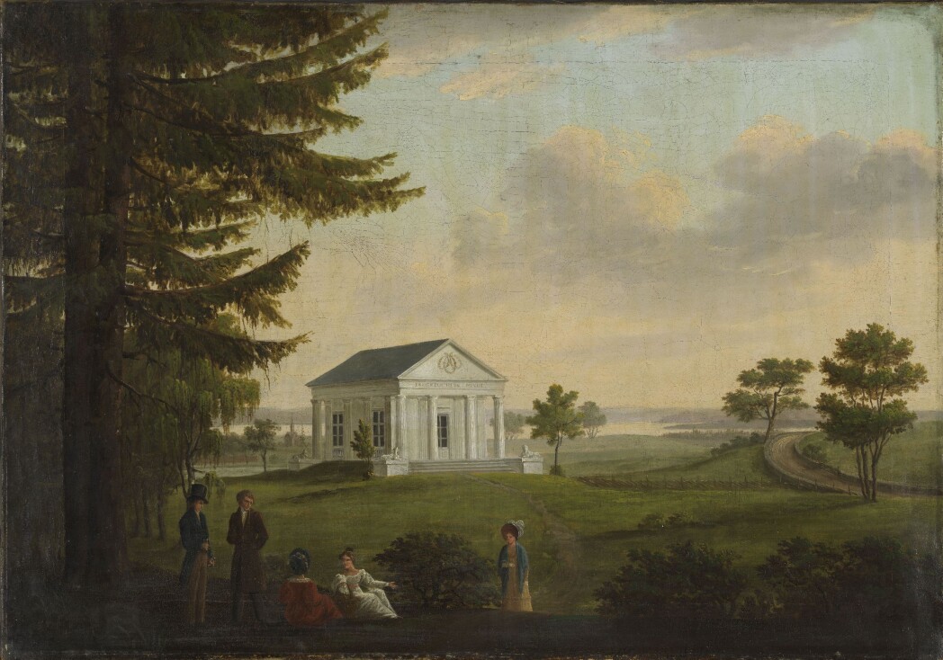 This painting by the Danish artist Carl Frederik Vogt shows one of the Ullevål temples and people attired in Empire dress. John Collett arranged pompous parties here, and the garden became an important part of Collett's large dinner parties. This painting by the Danish artist Carl Frederik Vogt shows one of the Ullevål temples and people attired in Empire dress. John Collett arranged pompous parties here, and the garden became an important part of Collett's large dinner parties.