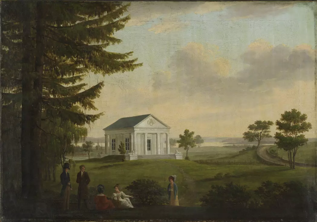 This painting by the Danish artist Carl Frederik Vogt shows one of the Ullevål temples and people attired in Empire dress. John Collett arranged pompous parties here, and the garden became an important part of Collett's large dinner parties.