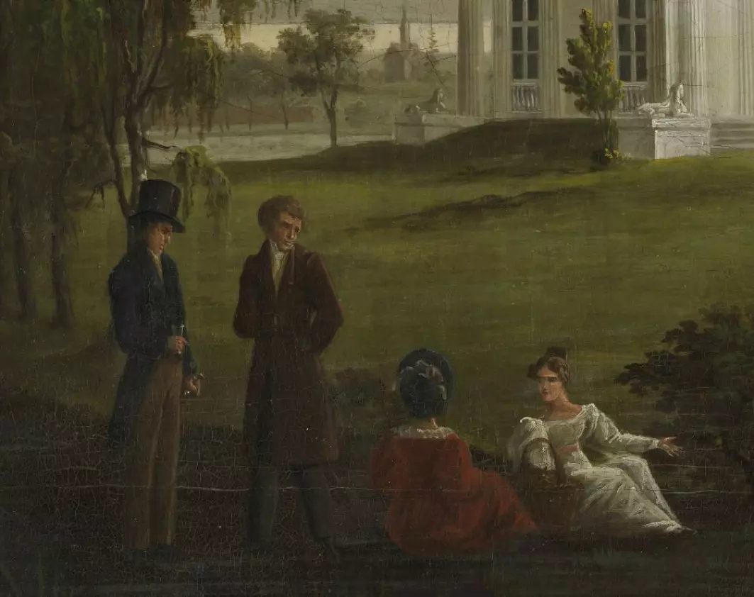 Was there as much glamour and sociability in Norway as in London at the beginning of the 19th century? Paintings, clothing and texts from this time suggest there was. Some members of the Norwegian elite are portrayed here at Ullevål in Christiania – modern-day Oslo – in the 1810sClick to add image caption