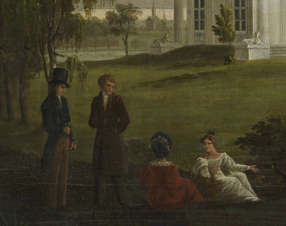 Was there as much glamour and sociability in Norway as in London at the beginning of the 19th century? Paintings, clothing and texts from this time suggest there was. Some members of the Norwegian elite are portrayed here at Ullevål in Christiania – modern-day Oslo – in the 1810sClick to add image caption