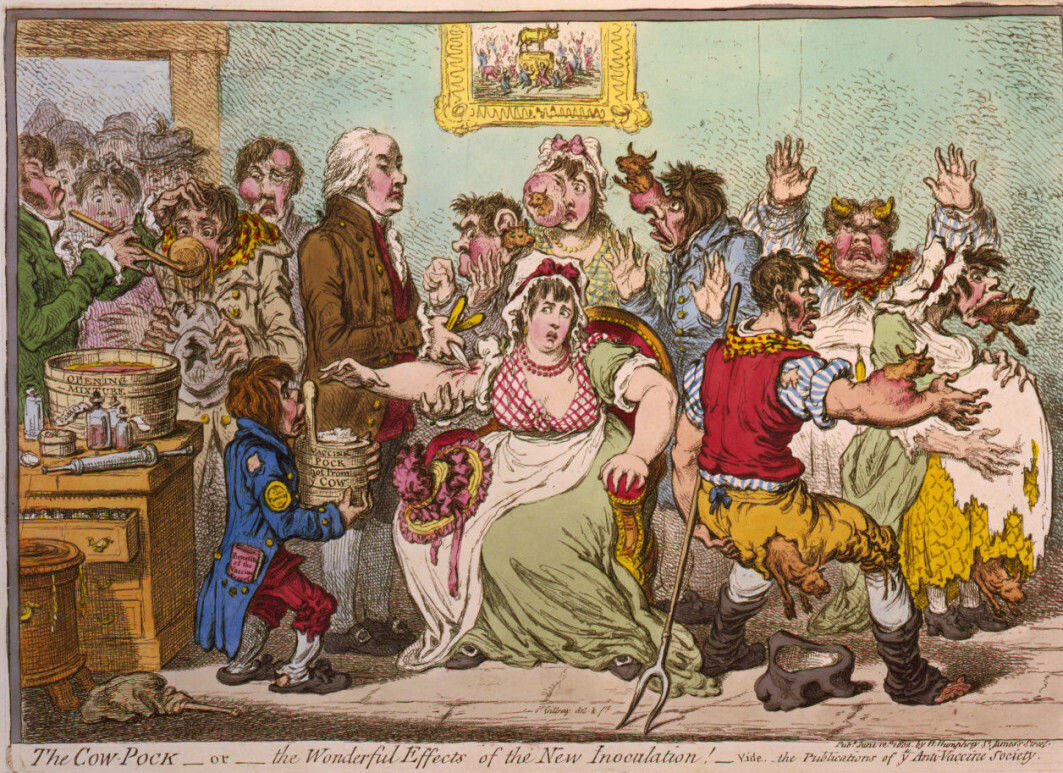 Pus from blisters on cows with smallpox was used in the first modern vaccine. Many people were sceptical, as this 1802 caricature illustrates. Pus from blisters on cows with smallpox was used in the first modern vaccine. Many people were sceptical, as this 1802 caricature illustrates.