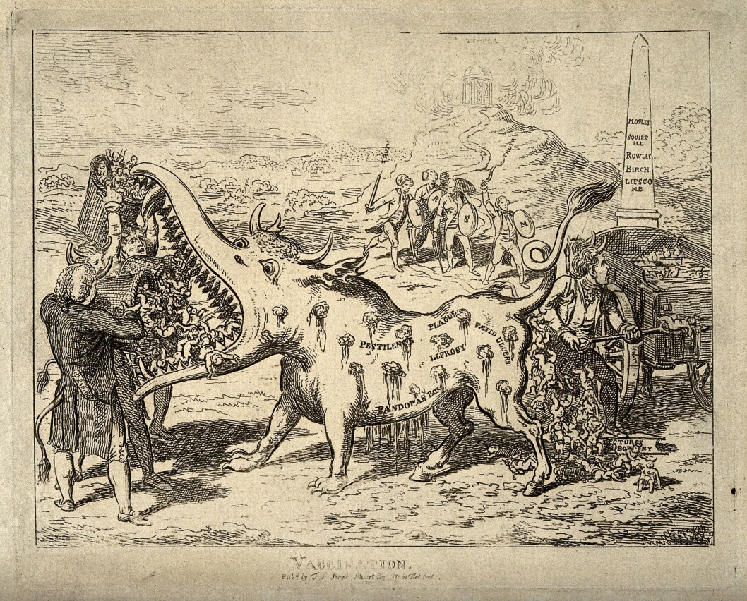 Propaganda against the smallpox vaccine from the beginning of the 19th century showing a cow with smallpox eating children. Propaganda against the smallpox vaccine from the beginning of the 19th century showing a cow with smallpox eating children.