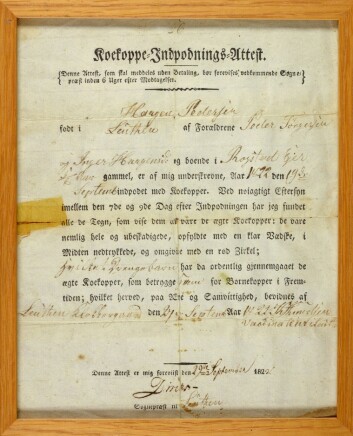 The parish priest in Løten signed the certificate which showed that Haagen Pedersen had been vaccinated with cowpox in 1822. The parish priest in Løten signed the certificate which showed that Haagen Pedersen had been vaccinated with cowpox in 1822.