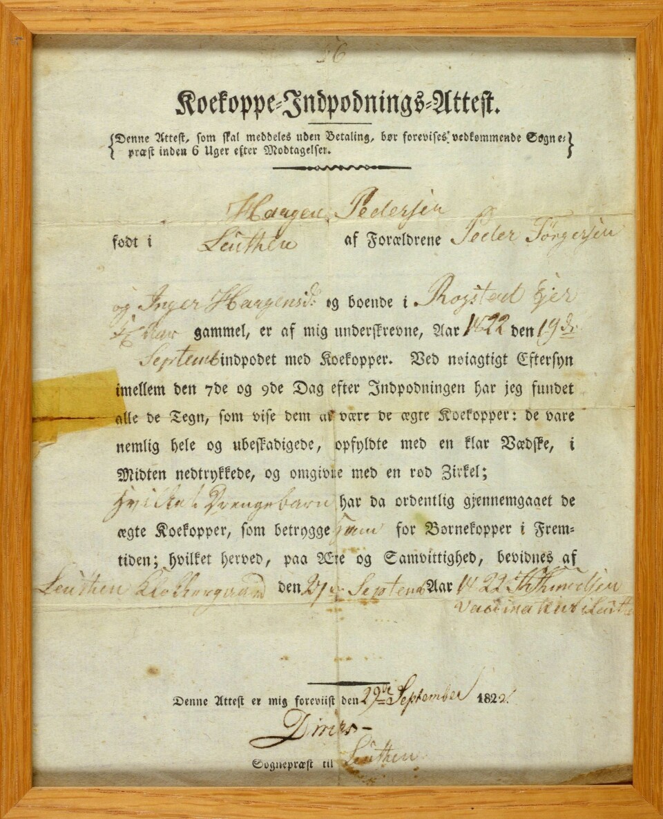 The parish priest in Løten signed the certificate which showed that Haagen Pedersen had been vaccinated with cowpox in 1822.