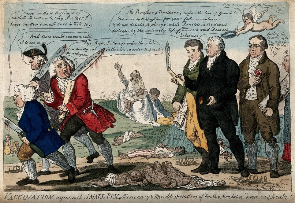 The father of immunology, Edward Jenner, and two colleagues chase away three vaccine opponents while children who have died of smallpox are scattered on the ground in this illustration from 1808.