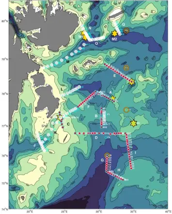 Figure 2: Observation area to be covered in the north-western Barents Sea during the winter process cruise. Different measuring stations are marked on the map. Figure 2: Observation area to be covered in the north-western Barents Sea during the winter process cruise. Different measuring stations are marked on the map.
