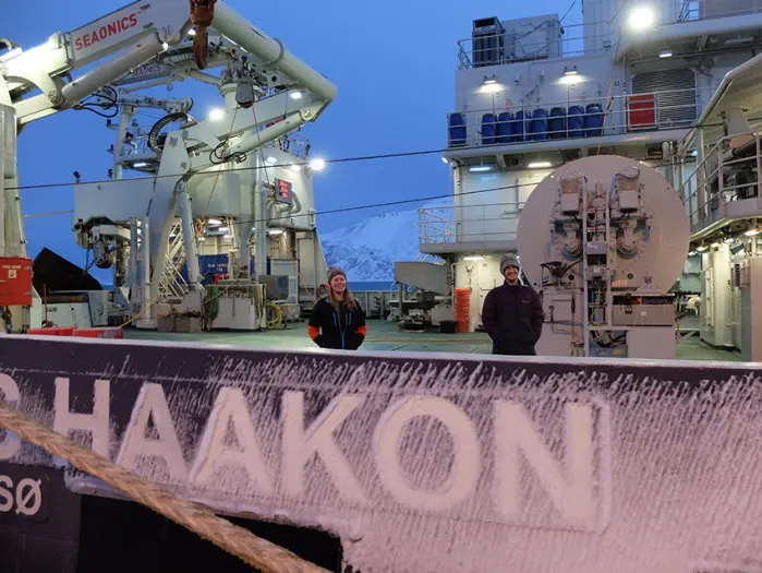UNIS PhD candidate Kjersti Kalhagen and Nansen Legacy data manager Luke Marsden on board R/V Kronprins Haakon, ready to set sail from Longyearbyen in a few hours. UNIS PhD candidate Kjersti Kalhagen and Nansen Legacy data manager Luke Marsden on board R/V Kronprins Haakon, ready to set sail from Longyearbyen in a few hours.