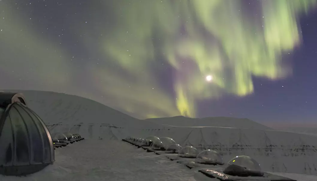 The northern lights - the aurora borealis - seen above the Kjell Henriksen Observatory on Svalbard, high in the Arctic.