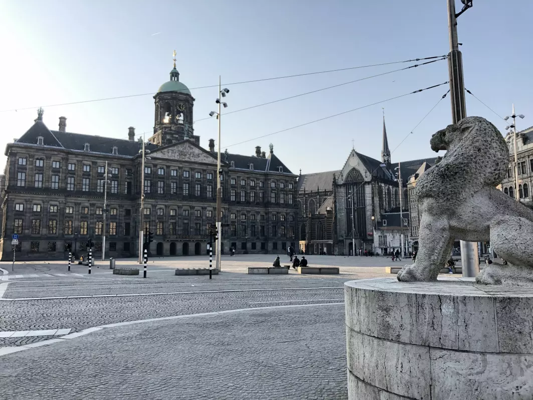 The empty Dam square in Amsterdam, during the covid-19 pandemic.