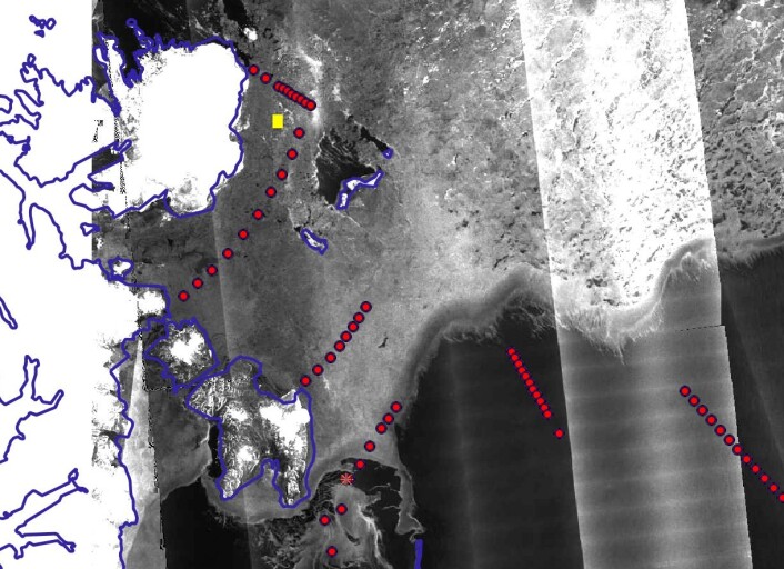 Satellite map of the ice. The ice station is marked with a yellow square. The other stations are marked with red dots. Satellite map of the ice. The ice station is marked with a yellow square. The other stations are marked with red dots.