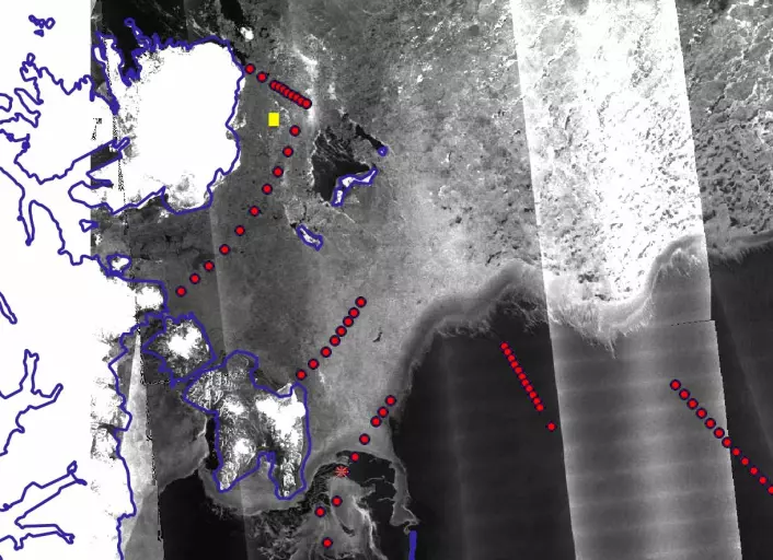 Satellite map of the ice. The ice station is marked with a yellow square. The other stations are marked with red dots.