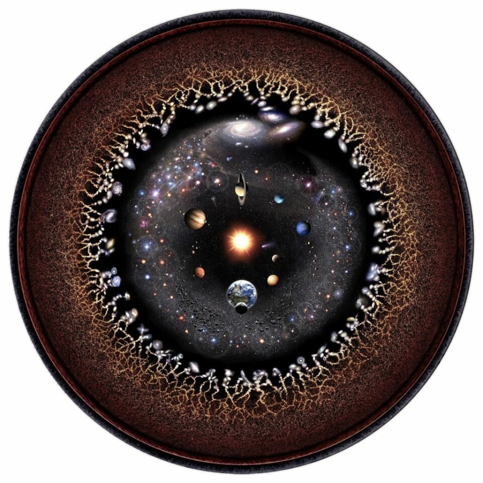 An illustration of the observable universe. Starting from the centre we see the solar system, the Kuiper belt, Orts cloud, the nearest solar systems and galaxies, then the cosmic web, the microwave background radiation and invisible plasma at the end.