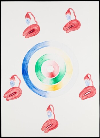 Artwork 'Menstrual Cycle' showing the stages and relationship between events during a female menstrual cycle. The central disk reads clockwise from the top, starting at day 1 of the cycle. The levels of each of the four main hormones are represented by the four coloured discs. Red = follicle stimulating hormone, green = oestrogen, yellow = lutinizing hormone and blue = progesterone. Artwork 'Menstrual Cycle' showing the stages and relationship between events during a female menstrual cycle. The central disk reads clockwise from the top, starting at day 1 of the cycle. The levels of each of the four main hormones are represented by the four coloured discs. Red = follicle stimulating hormone, green = oestrogen, yellow = lutinizing hormone and blue = progesterone.