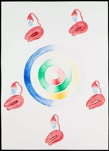 Artwork 'Menstrual Cycle' showing the stages and relationship between events during a female menstrual cycle. The central disk reads clockwise from the top, starting at day 1 of the cycle. The levels of each of the four main hormones are represented by the four coloured discs. Red = follicle stimulating hormone, green = oestrogen, yellow = lutinizing hormone and blue = progesterone.