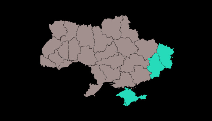 A map of Ukraine with the conflict areas highlighted in light blue. To the south you see the Crimean Peninsula, while to the east you can see Luhansk and Donetsk, which together make up the Donbass region. A map of Ukraine with the conflict areas highlighted in light blue. To the south you see the Crimean Peninsula, while to the east you can see Luhansk and Donetsk, which together make up the Donbass region.