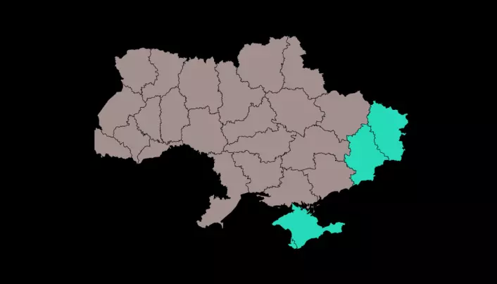 A map of Ukraine with the conflict areas highlighted in light blue. To the south you see the Crimean Peninsula, while to the east you can see Luhansk and Donetsk, which together make up the Donbass region.