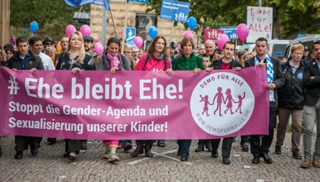 German 'Demo fur Alle' protest against the 'gender agenda'. These anti-gender protests have been attended by members of AfD, NPD and IBD.
