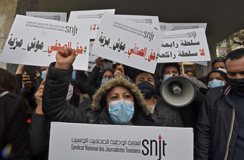 PROTESTING: Tunisian journalists protested against the government's use of the police to facilitate the entry of the newly-appointed chief of the Tunis Afrique Presse (TAP) to the agency headquarters, a first since his appointment earlier in April 2021. The new chief, Kamel Ben Younes, had already been prevented from entering the premises several times by sit-ins organized by dozens of journalists protesting against his 'political' appointment.