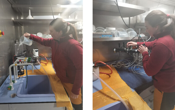 Natalie Summers filtering water for pigment analysis (on the left) and using the PhytoPam to measure photosynthetic parameters of phytoplankton (on the right). Natalie Summers filtering water for pigment analysis (on the left) and using the PhytoPam to measure photosynthetic parameters of phytoplankton (on the right).