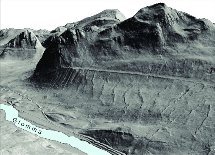 Lidar technology (laser images) now makes it possible to remove all vegetation from images of the terrain. In this 3D image, the landforms are much more clearly visible, including the old shoreline from Nedre Glomsjø. The vertical exaggeration is x2. Lidar technology (laser images) now makes it possible to remove all vegetation from images of the terrain. In this 3D image, the landforms are much more clearly visible, including the old shoreline from Nedre Glomsjø. The vertical exaggeration is x2.